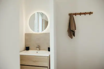 a bathroom with a sink and a mirror at Champagne, Parc de la Boverie by WelcHome in Liège