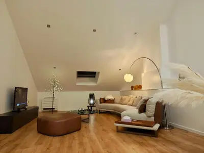 a living room with a couch and a tv at Crossborder Nest - Appartement de standing proche du circuit SPA-FRANCORCHAMPS et des HAUTES-FAGNES in Verviers