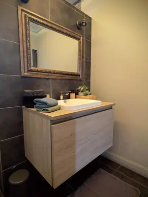 a bathroom with a sink and a mirror at Landbæne in Lommel