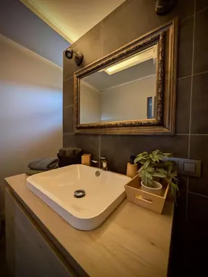 a bathroom with a sink and a mirror at Landbæne in Lommel