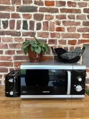 a black and silver microwave with a potted plant on top at Les Tours de Rose - Characterful accommodation in Waremme in Waremme