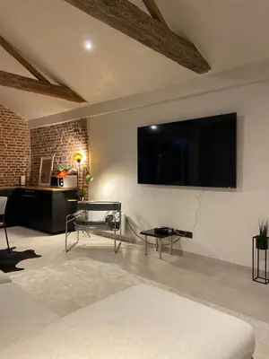 a living room with a flat screen tv on the wall at Les Tours de Rose - Characterful accommodation in Waremme in Waremme