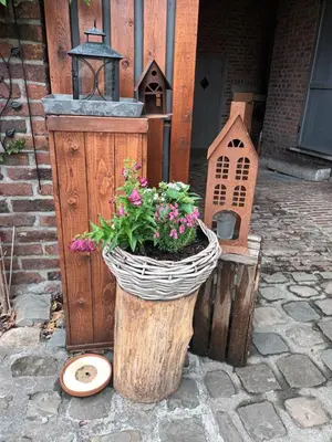 a flower pot on a wooden stump with a bird house at La Belle Échappée à Fléron in Fléron