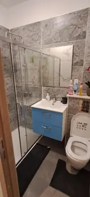 a bathroom with a shower and a toilet and a sink at Appartement dans rue calme in Liège