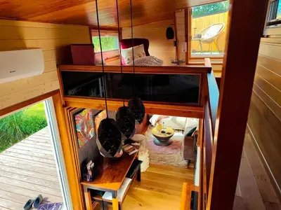 an overhead view of a tiny house with a living room at Tiny House Dreiländereck in Neu-Moresnet