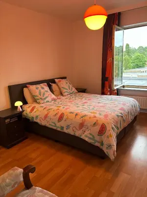 a bedroom with a bed and a window at Central peak of Embourg Apartment in Chaudfontaine