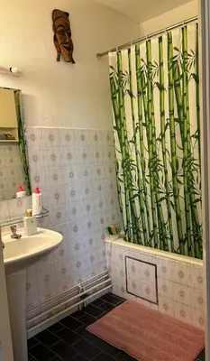 a bathroom with a sink and a shower curtain with bamboo at Central peak of Embourg Apartment in Chaudfontaine