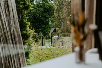 a view of a garden through a window at Hangar C gastensuites in Heers