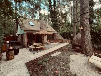 a backyard of a house with a patio and a tree at Five Trees Forest Home in Lanaken
