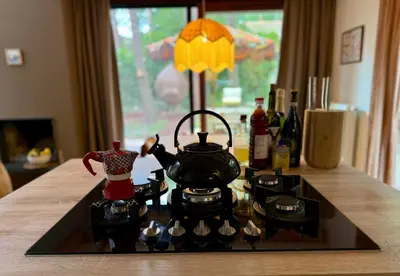 a tea pot sitting on top of a stove at Five Trees Forest Home in Lanaken