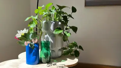 a vase with a plant in it on a table at Cozy Neuvice apartment in Liège