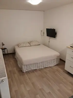a bedroom with a bed and a flat screen tv at Petit appartement RDC in Liège