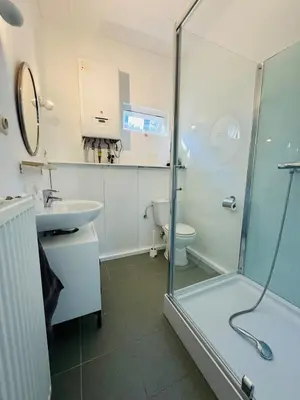 a bathroom with a shower and a sink and a toilet at Boshuisje June - middenin de natuur op een uurtje rijden van Antwerpen en Maastricht in Balen