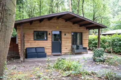 a small cabin with two chairs and a door at Chalet Bos en Pootjes in Lanaken