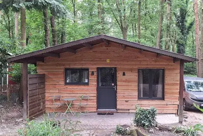 a small wooden cabin with a door in the woods at Chalet Bos en Pootjes in Lanaken
