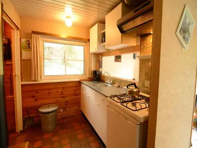 a kitchen with a stove and a sink and a window at Forest Chalet in Lanklaar in Lanklaar