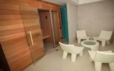 a bathroom with a toilet and chairs and a shower at Business trip - Sauna, gym, rooftop in Liège