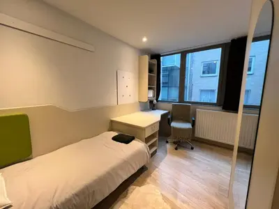 a bedroom with a bed and a desk and a window at Business trip - Sauna, gym, rooftop in Liège