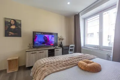 a bedroom with a bed and a flat screen tv at Chambres de luxe SDB WC Privés in Liège