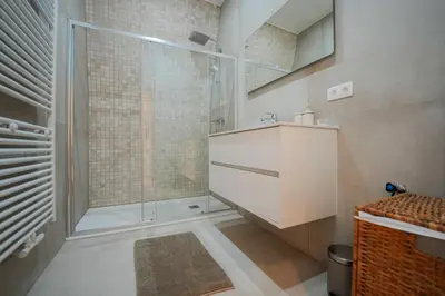 a bathroom with a shower with a sink and a glass shower door at Superbe appartement 2 chambres en centre-ville in Liège