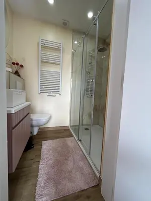 a bathroom with a shower and a toilet and a sink at Appartement romantique de luxe à Liège Chambre, salon SDB privée 2e étage in Liège
