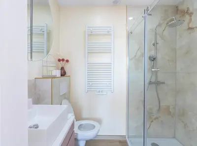 a bathroom with a shower and a toilet and a sink at Appartement romantique de luxe à Liège Chambre, salon SDB privée 2e étage in Liège