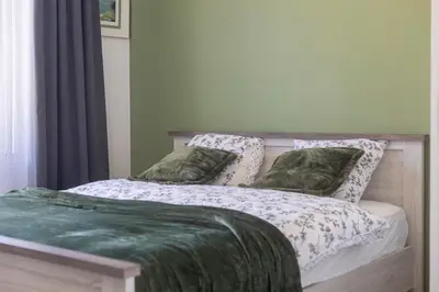 a bed with a green comforter and pillows at Chambre de luxe Tokyo a Liège Sale de bain privée check in autonome cuisine partagée in Liège
