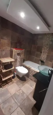 a bathroom with a sink and a toilet and a tub at Gîte 