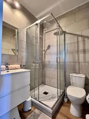 a bathroom with a shower and a toilet and a sink at Cozy and fully equipped in the center of Liege 4 guests in Liège