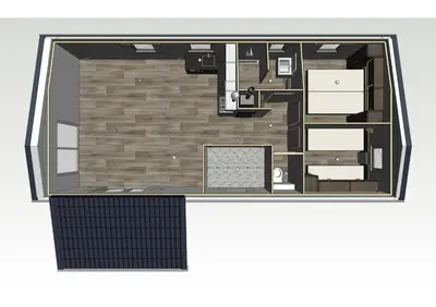 a floor plan of a room with a desk at Camping Natuurlijk Limburg - Chalet 4 in Voeren