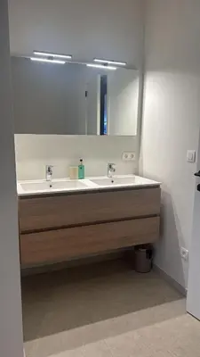 a bathroom with a sink and a large mirror at Inspire Residence and private Wellness in Tongeren