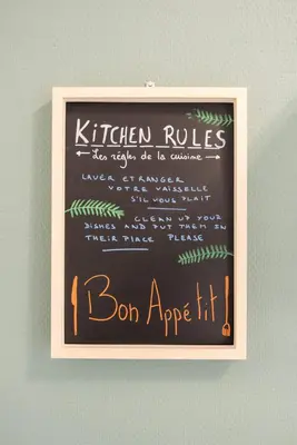 a chalkboard with the words kitchen rules written on it at La petite Naimette in Liège
