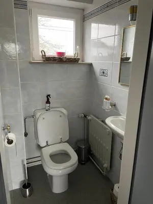 a small bathroom with a toilet and a sink at Villa les Hauts de Heusy in Verviers