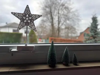 a star decoration in a window with three christmas trees at Villa les Hauts de Heusy in Verviers