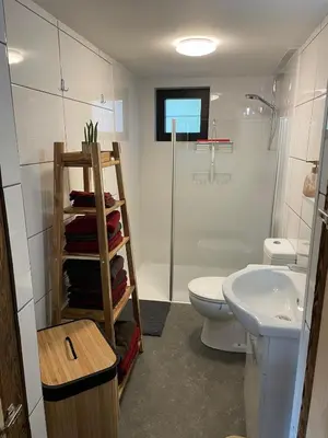 a bathroom with a toilet and a shower and a sink at La Luna in Lanaken