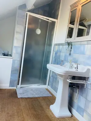 a bathroom with a sink and a shower at Het Wolvennest in Maasmechelen