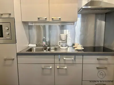 a kitchen with a sink and a counter top at Le studio de la Cathédrale - Hypercentre avec balcon in Liège