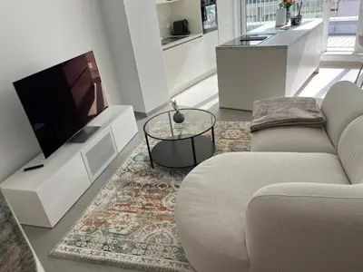 a living room with a couch and a tv at Appart lumineux avec terrasse au cœur de Liège in Liège