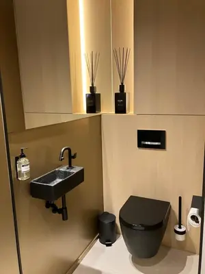 a bathroom with a black toilet and a sink at Het Huisje in Tongeren