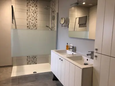 a white bathroom with a sink and a shower at Vakantiewoning De Vliergeit in Limburg - Haspengouw in Hasselt