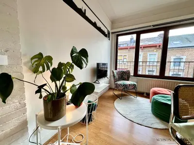 a living room with a potted plant on a table at Le Léopold - Cocon en Hypercentre de Liège in Liège