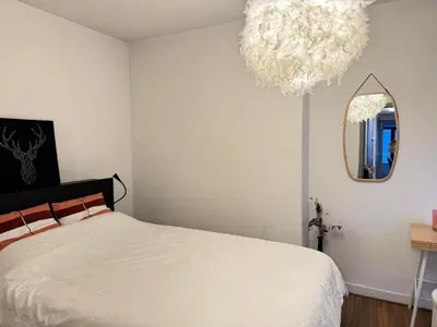 a bedroom with a bed and a mirror and a chandelier at Le Léopold - Cocon en Hypercentre de Liège in Liège