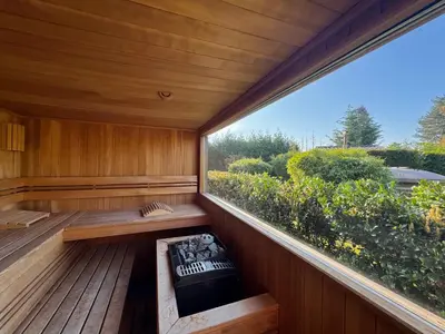 an indoor sauna with a view of the trees at Green Oak House in Dilsen-Stokkem