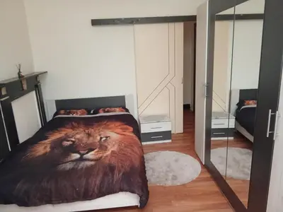 a bedroom with a large lion bed with a mirror at Night in Liège