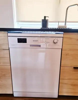 a white dishwasher in a kitchen with a sink at Elegant loft in Liège with private terrace in Mellet