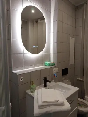 a bathroom with a sink and a mirror at Badoumkassa & Mbanga in Welkenraedt