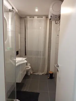 a bathroom with a shower and a toilet and a sink at Badoumkassa & Mbanga in Welkenraedt