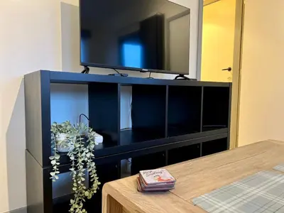 a black entertainment center with a flat screen tv on it at Le studio de la Boverie - Entièrement équipé in Liège