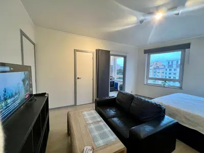 a living room with a black leather couch and a television at Le studio de la Boverie - Entièrement équipé in Liège