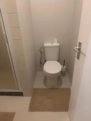 a small bathroom with a toilet in a stall at Boshuisje Rekem Charly in Lanaken